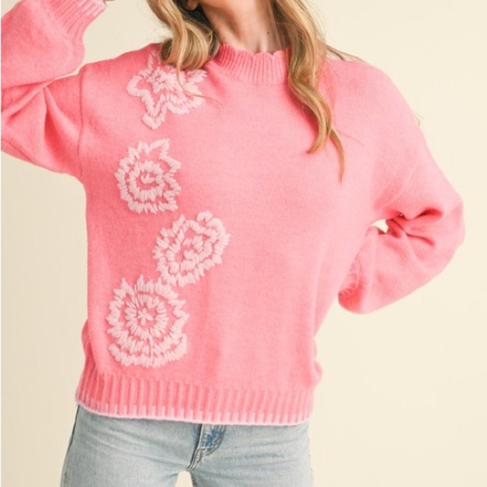 Floral Embroidery Mock Neck Sweater